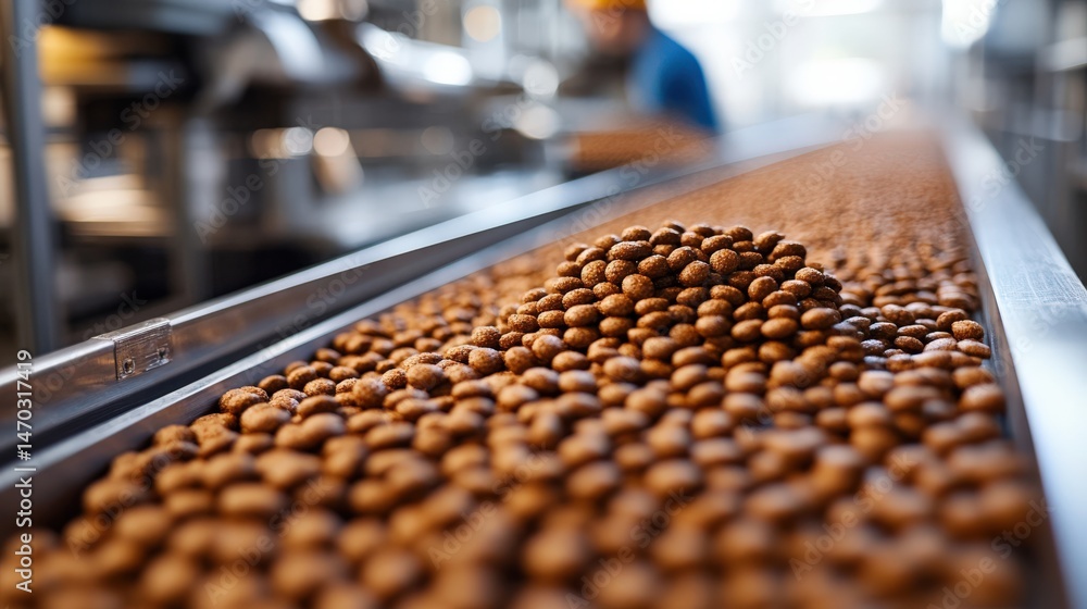 Fototapeta premium Conveyor belt with brown nuts in industrial factory setting