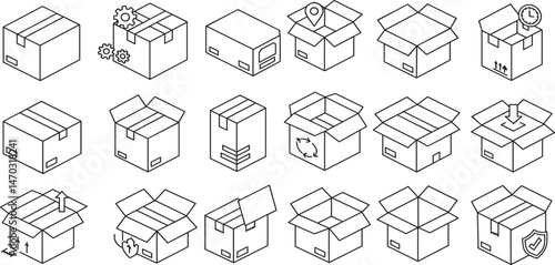 Package, parcel, box, delivery, distribution, import, export and return editable stroke outline flat icons set isolated on white background flat vector illustration.