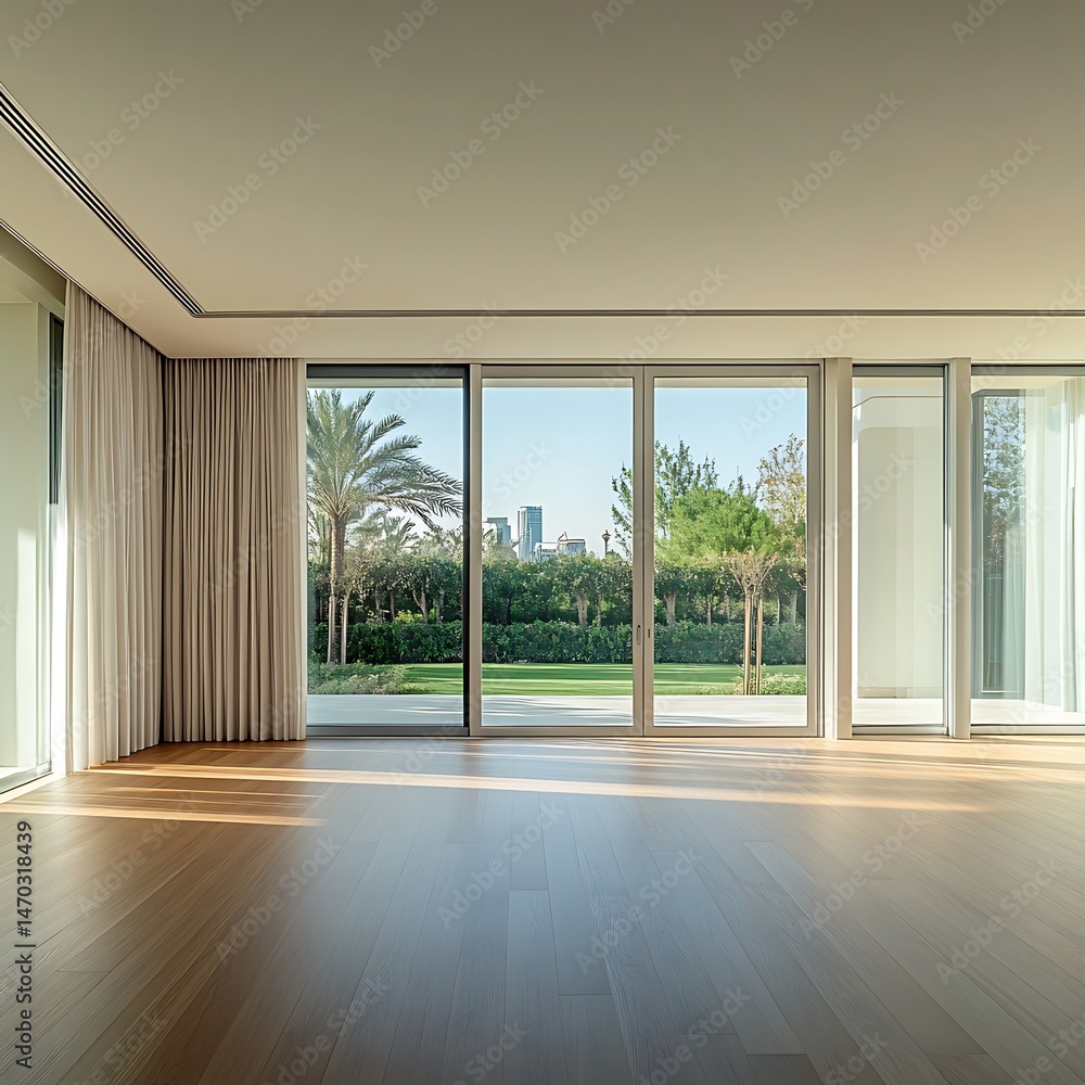 Fototapeta premium Modern Minimalist Living Room Interior Design with Large Windows and Hardwood Flooring Concept
