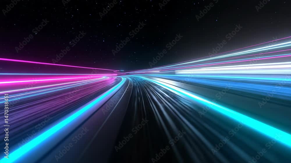 Cyberpunk highway with abstract neon light streaks moving through a cosmic space tunnel with stars. Futuristic motion background of glowing data stream.