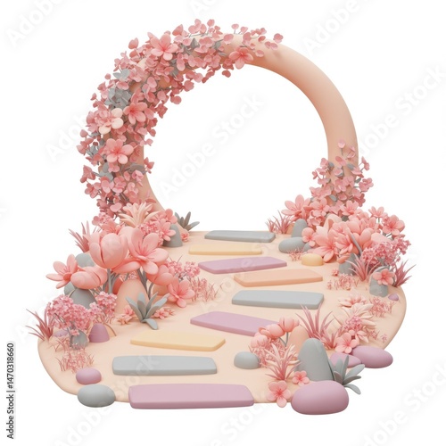 Pastel Pink Floral Arch and Stone Path 3D Render