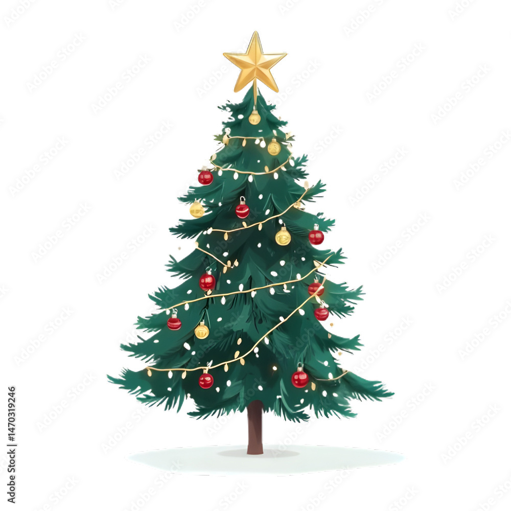 Cartoon christmas tree illustration with red and gold baubles png Cartoon christmas tree illustration with red and gold baubles png