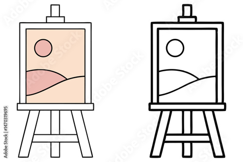 Simple artist's easel displays two painted landscape artworks in one colored and one monochrome