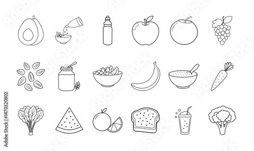 Healthy food icons show fruits veggies and grains