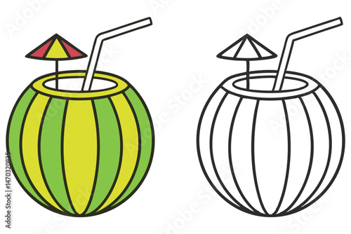 An iconic yellow and green tropical coconut cocktail is showcased with a simple black outline