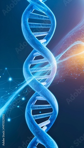 Glowing 3D Render Blue DNA Helix Holographic Scientific Data Blue Background 