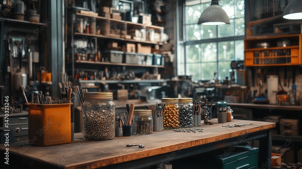 A cozy workshop with tools organized on a metal rack, jars of bolts on a wooden table, soft vintage lighting A cozy workshop with tools organized on a metal rack, jars of bolts on a wooden table, soft vintage lighting