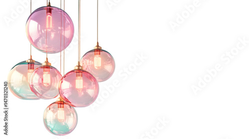 A cluster of pastel-colored glass pendant lights hangs against a black background.  The lights vary in shade of pink and teal
