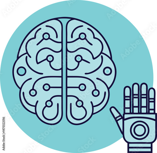A simplified blue brain with robotic hand sits on a round field