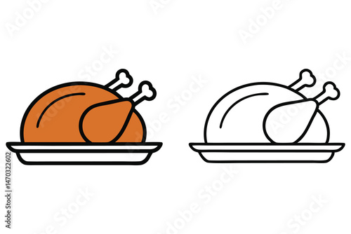 Roasted turkey sits beside a line art version on a platter for illustration