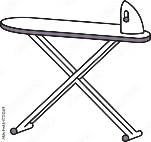 A streamlined ironing board with a white surface and gray accents stands ready for use