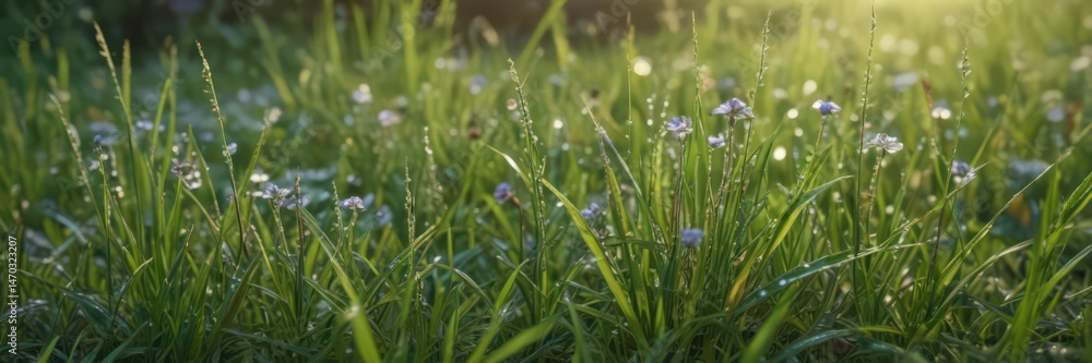 Fototapeta premium Close-up, dew-kissed blossoms, fresh June grass, image, morning