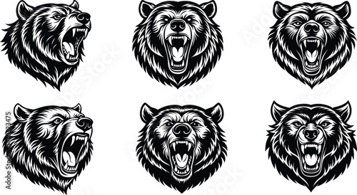 Set of Roaring Bear Head Illustrations – Aggressive Wild Animal Vector Art