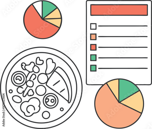 An outlined plate with check list document and colored pie charts is displayed