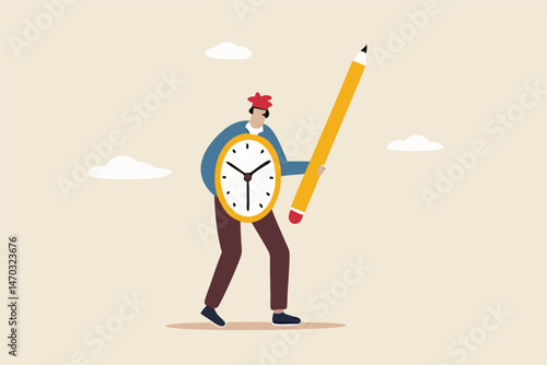 Fight procrastination for productivity master or efficiency professional, time management or project deadline challenge concept, businessman wearing knight helm using clock shield and pencil sword.