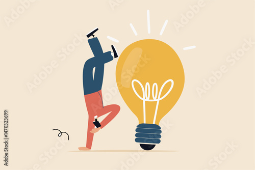 Think different to create unique idea, try another solution to solve business problem, creativity to develop and discover new thing, businessman try different pose to think with idea light bulb.