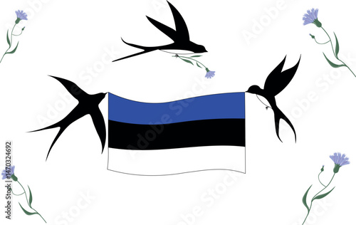 Simple vector illustration representing Estonia, featuring the Estonian flag, national flower (cornflower), and national bird (swallow) in a clean and symbolic design.