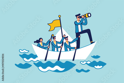 Leadership to lead business in crisis, teamwork or support to achieve target, vision or forward strategy for success concept, businessman leader with binoculars lead business team sailing origami ship