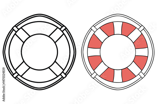 Two unique life preservers, one in simple black outline, the other coloured with red
