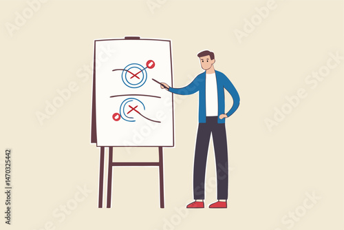 Business strategy planning, marketing tactic to achieve target, project blocker and solution to win and success concept, smart businessman presenting business winning strategy on whiteboard.