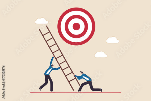 Develop ladder to success, set business goal, target, purpose and objective, partnership and teamwork to opportunity concept, business people team help set up ladder of success to reach target.