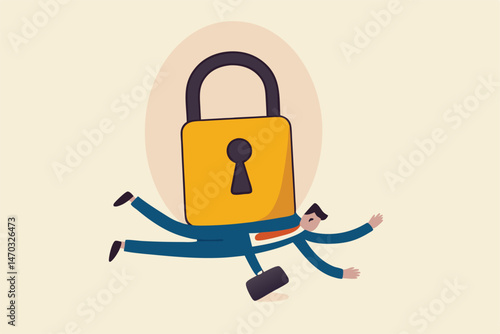 Business closing down or die in Coronavirus pandemic lockdown crisis, unemployment and debt problem or bankruptcy concept, depressed dying businessman entrepreneur under heavy lock pad burden.