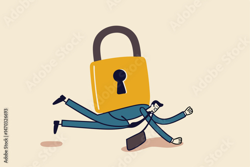 Business closing down or die in Coronavirus pandemic lockdown crisis, unemployment and debt problem or bankruptcy concept, depressed dying businessman entrepreneur under heavy lock pad burden.