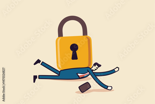 Business closing down or die in Coronavirus pandemic lockdown crisis, unemployment and debt problem or bankruptcy concept, depressed dying businessman entrepreneur under heavy lock pad burden.