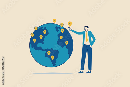 Global business expansion, open company branches, franchise in new location to cover all continent, growing business worldwide concept, businessman CEO put new branch pin on world map across globe.