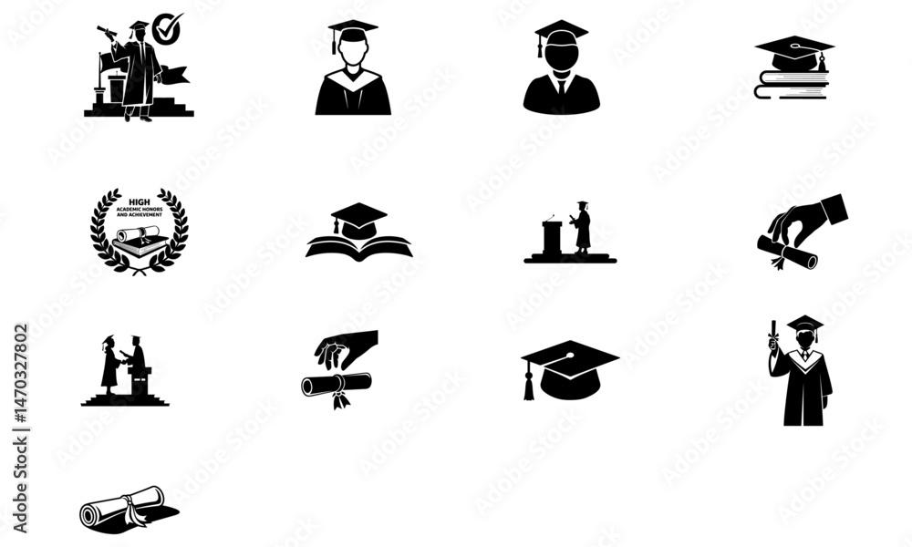 Obraz premium Graduation and Education Icon Set – Vector Silhouettes of Caps, Diplomas, and Students.