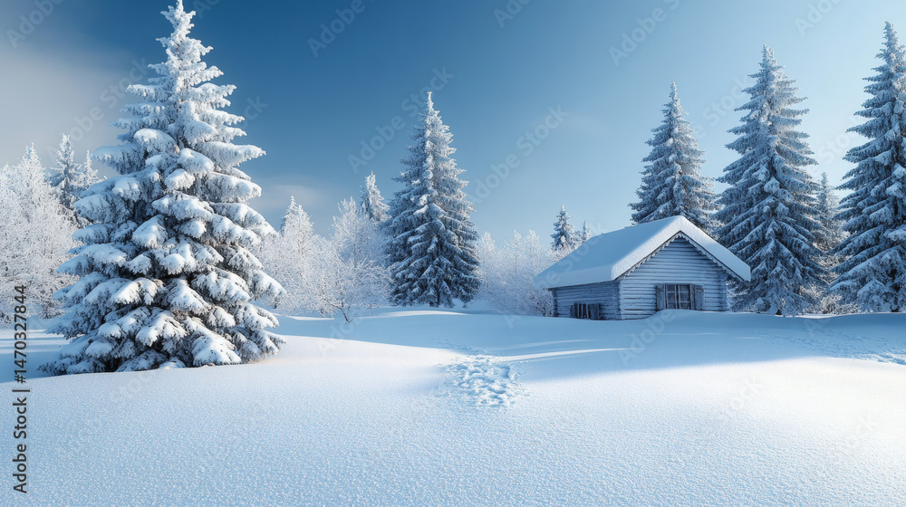 Fototapeta premium Snowy forest landscape with cozy cabin