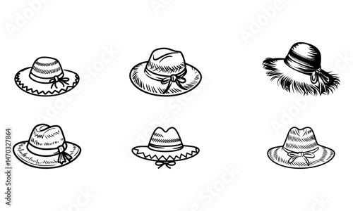Hand Drawn Vector Set of Women's Summer Hats Collection.