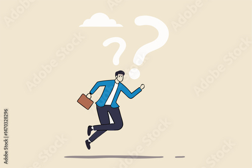 Asking business question to find answer or solution, speak out loud to get support for work problem concept, brave confident businessman speak out loud with speech bubble question mark symbol.