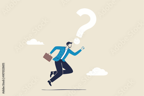 Asking business question to find answer or solution, speak out loud to get support for work problem concept, brave confident businessman speak out loud with speech bubble question mark symbol.