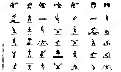 Gym and Fitness Icon Set – Flat Vector Collection of Workout, Exercise, Bodybuilding, and Sports Equipment Symbols.