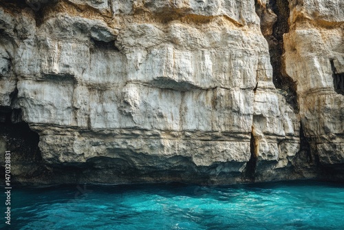 A mesmerizing view of textured rock cliffs meeting the clear, turquoise water of the sea on a sunny day.