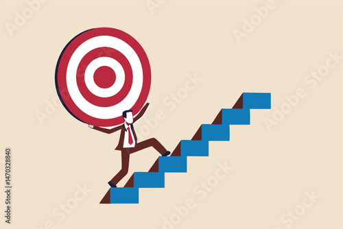 Effort and ambition to reach goal or target, challenge to win higher target, business mission or career concept, strong businessman carry big target on his shoulder walking up the stairs.