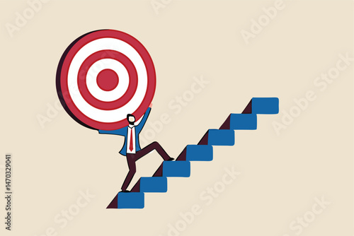 Effort and ambition to reach goal or target, challenge to win higher target, business mission or career concept, strong businessman carry big target on his shoulder walking up the stairs.