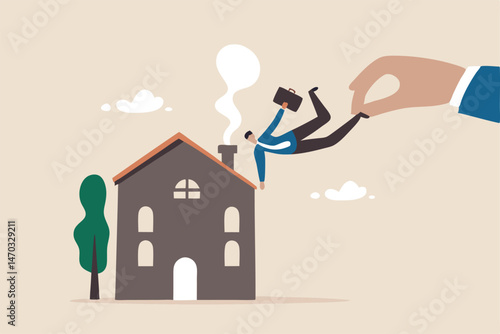 Company request employee back to work in the office in post pandemic, stop work from home concept, big boss hand pulling employee from home back to work in office.