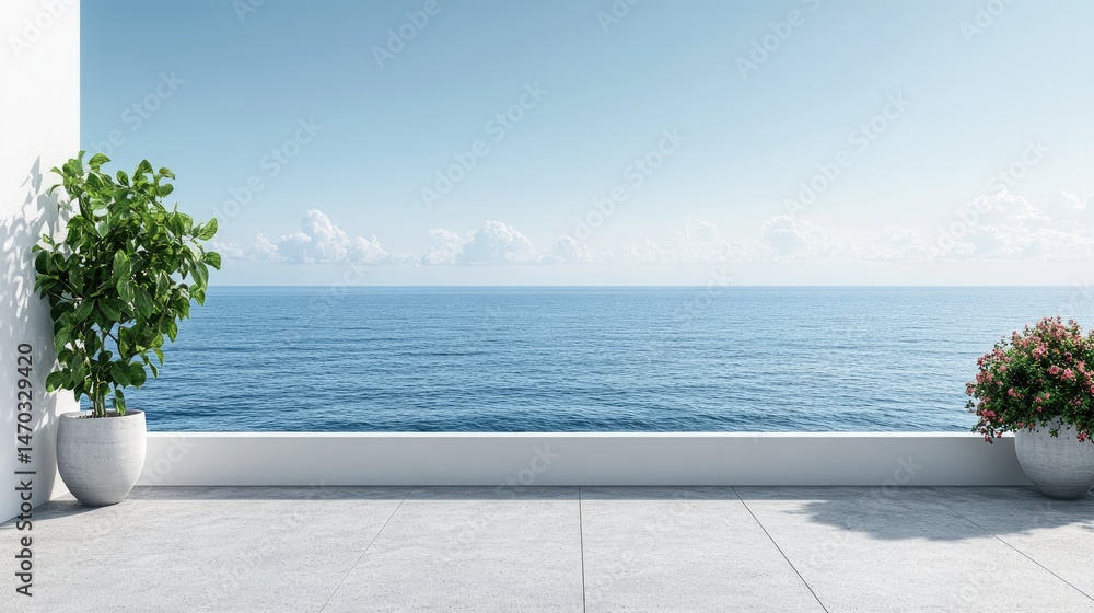 Fototapeta premium Exterior patio with ocean view, a serene coastal scene.
