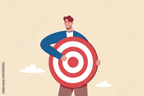 Focus on business target, setting goal for motivation, target audience for advertising or purpose for career development concept, businessman holding archer target or dashboard pointing at bullseye.