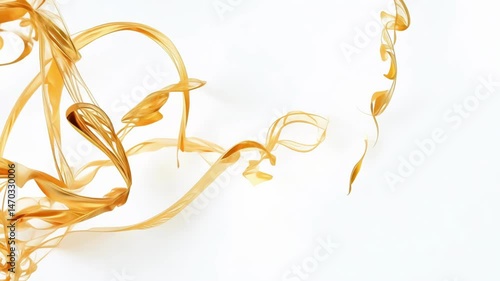Elegant golden ribbons of light dance and swirl gracefully against pure white background. The luminous strands twist and curve in fluid motion creating abstract flowing patterns with ample copy space.