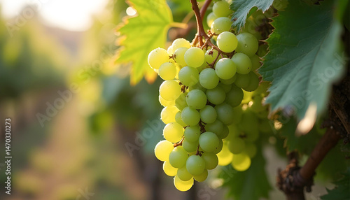 A bunch of fresh, green Thompson seedless grapes glistening with morning dew in a sunlit vineyard during early autumn. (2)