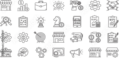 SME concept small and medium sized enterprises related editable stroke outline icons set isolated on white background flat vector illustration.
