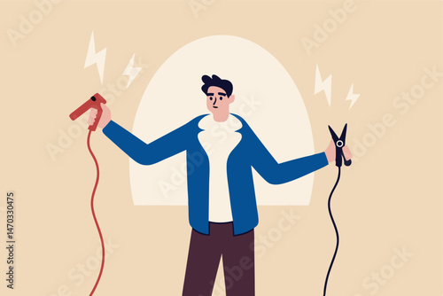 Jumpstart your career, boost or recharge motivation, coaching or mentorship to win business target concept, cheerful businessman manager holding high energy battery jumper ready to jumpstart employee.