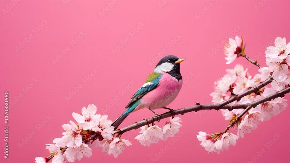 Colorful Bird Sitting on Cherry Blossom Branch with Pink Background Colorful Bird Sitting on Cherry Blossom Branch with Pink Background