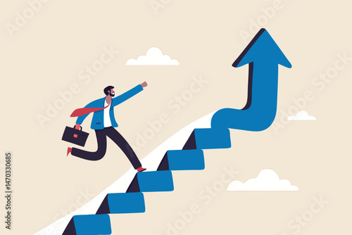Improvement or career growth, stairway to success, growing income or improve skill to achieve business target concept, confidence businessman step walking up stair of success with rising up arrow.