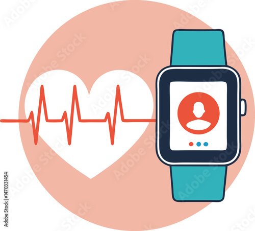 Turquoise smartwatch displays an orange user icon, connected to a red heart rhythm vector