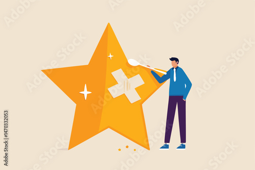 Reputation management, customer experience or rating, crisis management to repair or fix customer trust problem, credit score or satisfaction concept, businessman fix broken rating star with bandage.