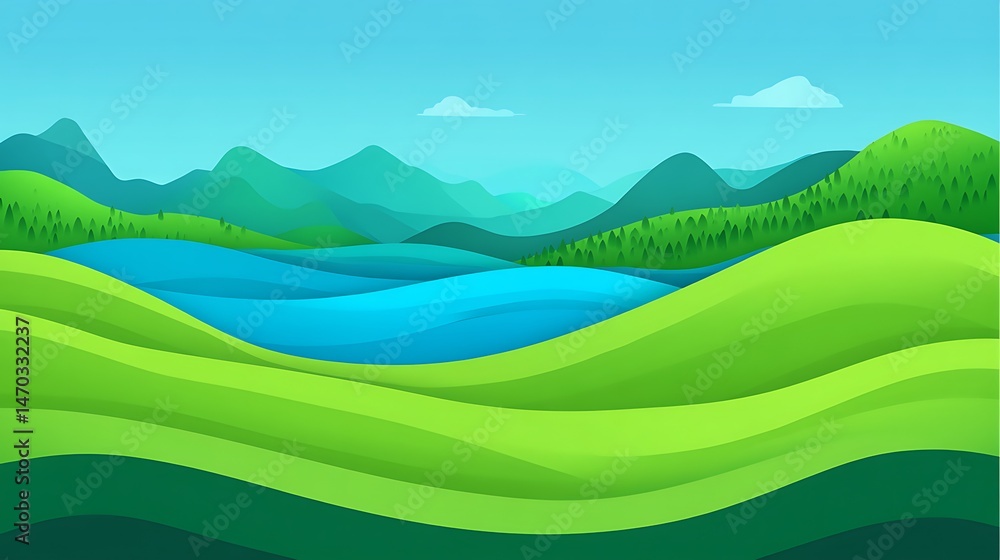 Obraz premium A vibrant and stylized illustration of a green valley with rolling hills and water
